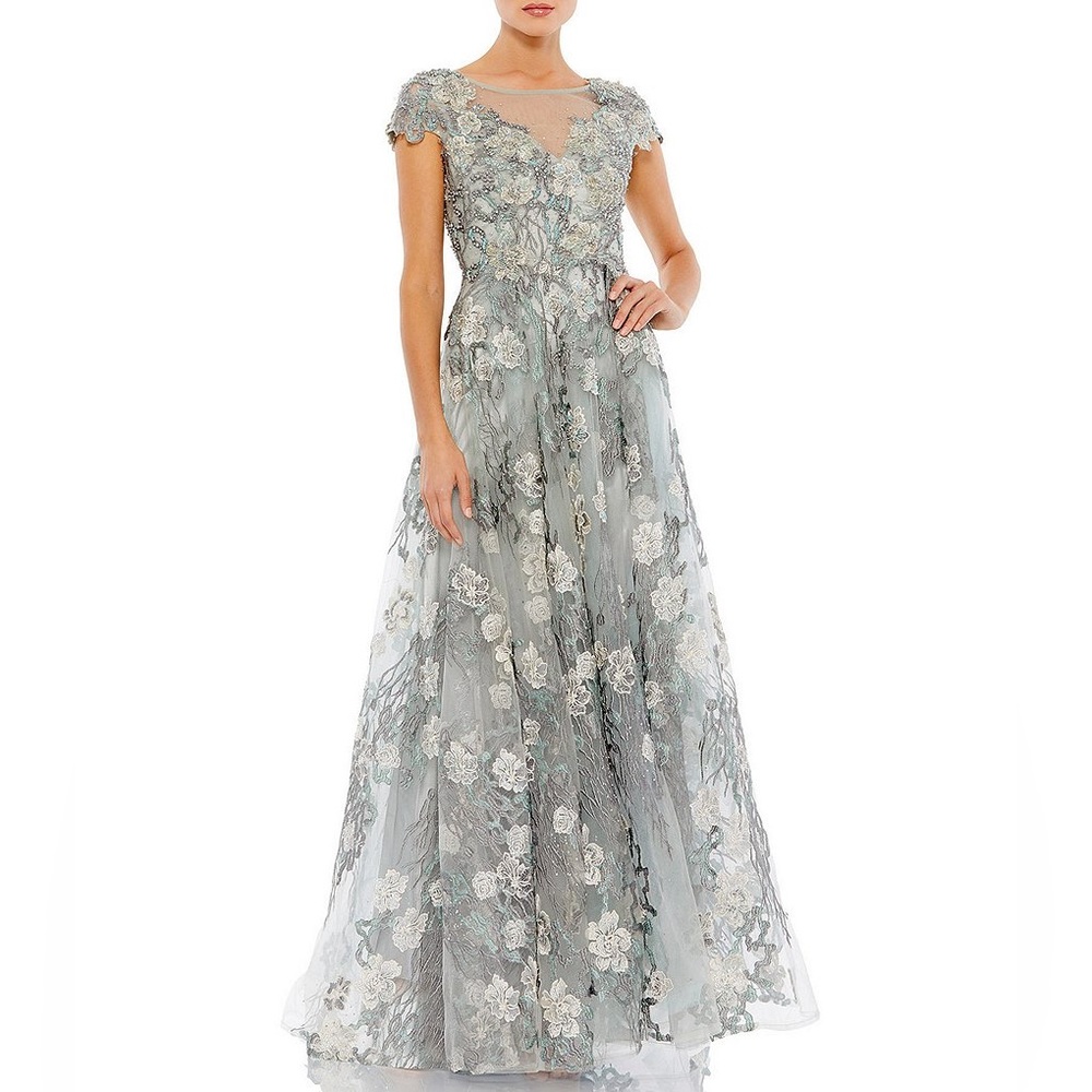 Mac Duggal Illusion Boat V-Neck Short Sleeve Floral Applique Ball Gown